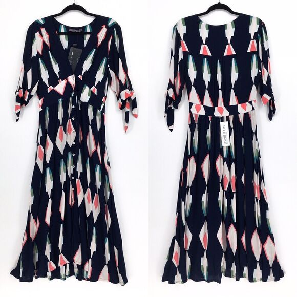 Mister Zimi Women AU 12 US 8 Saskia Dress Navy Aztec Blue Midi V Neck Plunge NEW